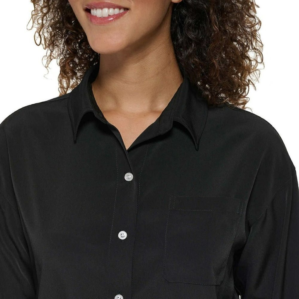 NWT Karl Lagerfeld High-Low Hem Button Front Shirt Long Sleeve Tunic Blouse - Picture 3 of 6